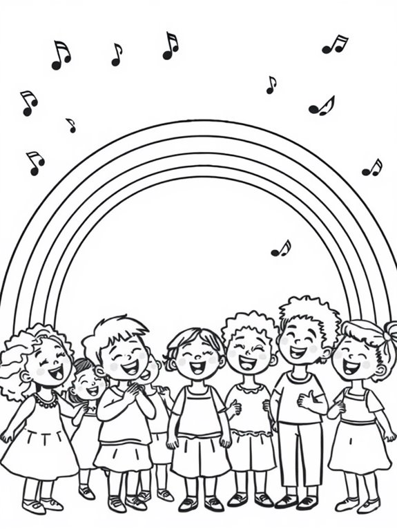 children singing under rainbow