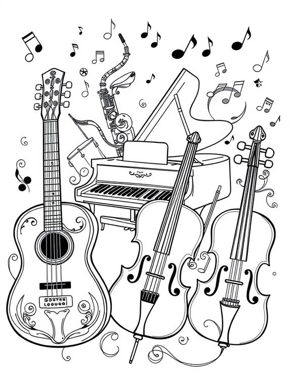 coloring page with instruments