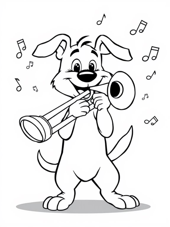 dog playing trombone coloring page