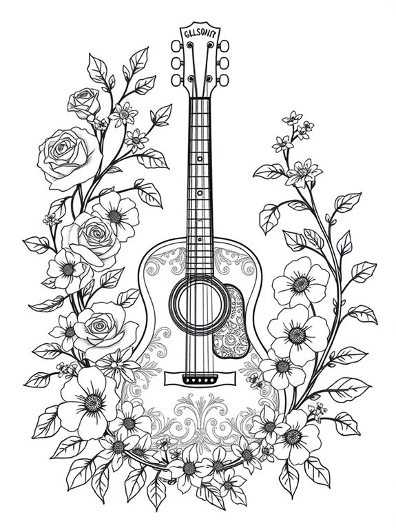 guitar surrounded by flowers