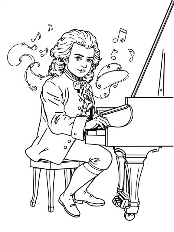 mozart playing piano coloring page