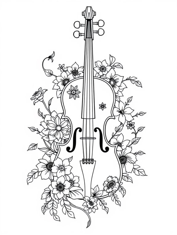 violin surrounded by flowers